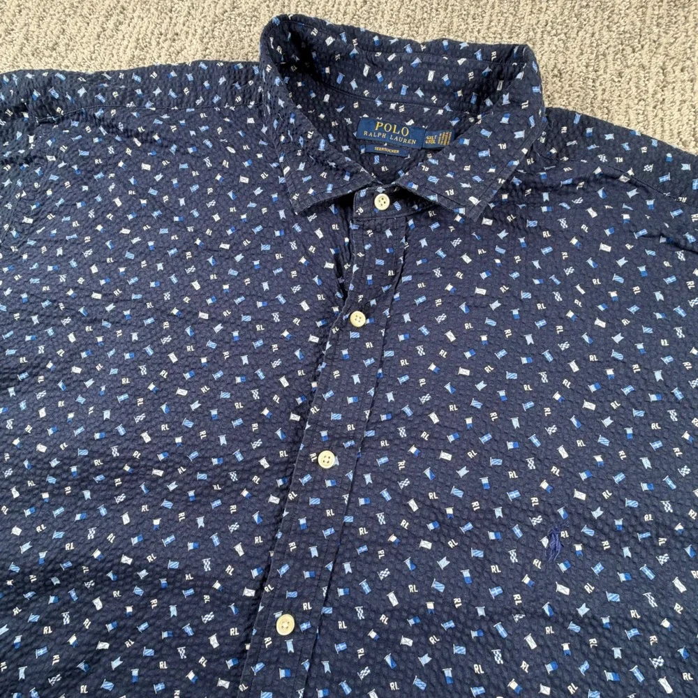 Polo Ralph Lauren Shirt Mens 4XLT Navy Nautical Flag Seersucker Button Down